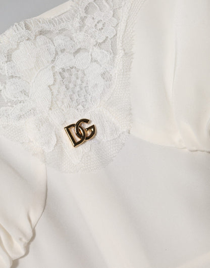 Vêtements de nuit Dolce & Gabbana : robe en soie blanche à dentelle dorée avec logo DG.