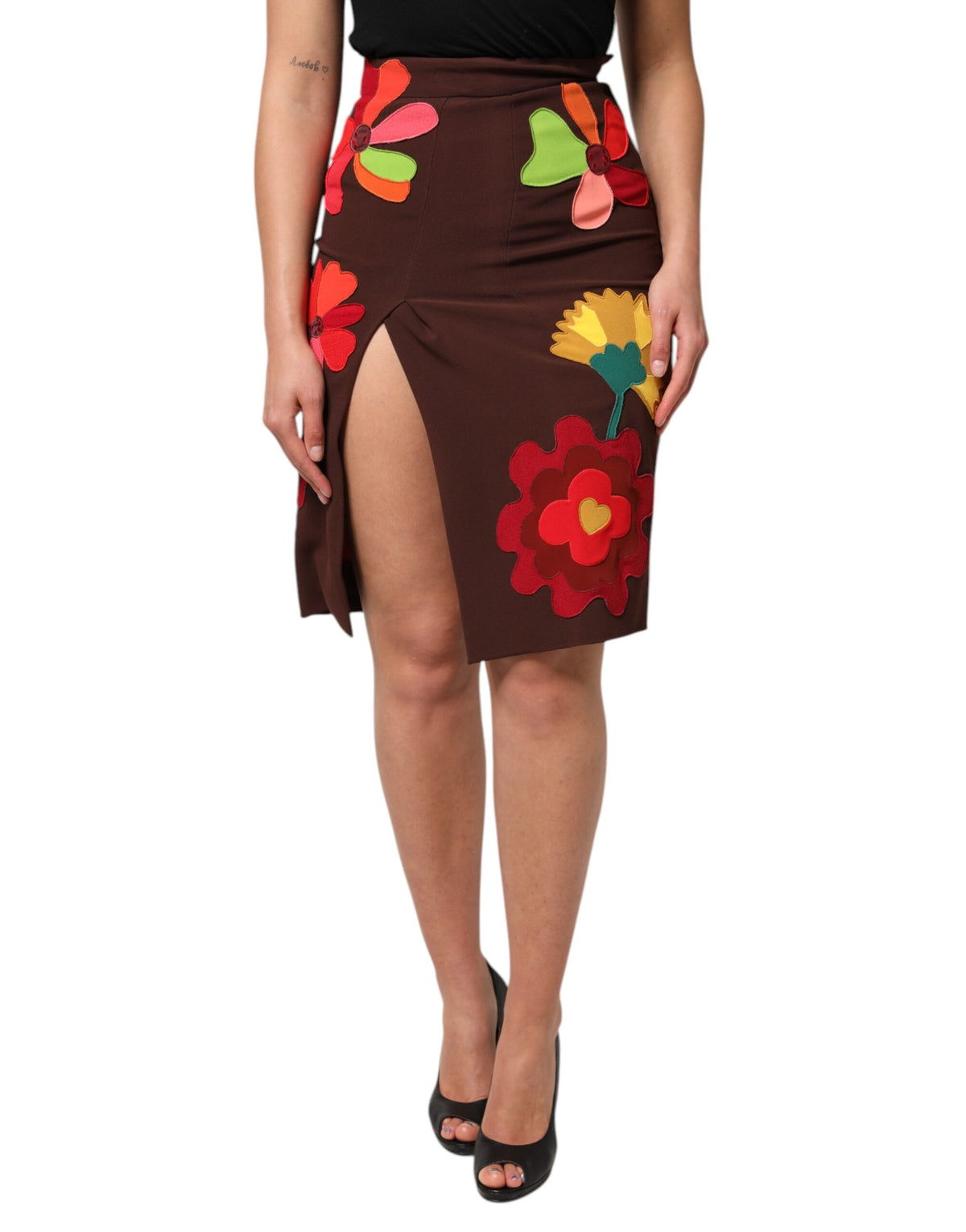 Dolce & Gabbana Jupe Haute Taille Florale Marron avec Fente Latérale