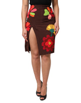 Dolce & Gabbana Jupe Haute Taille Florale Marron avec Fente Latérale