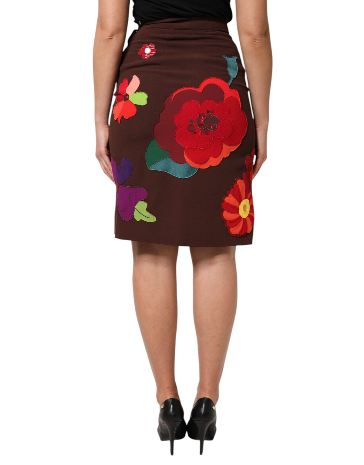 Dolce & Gabbana Jupe Haute Taille Florale Marron avec Fente Latérale