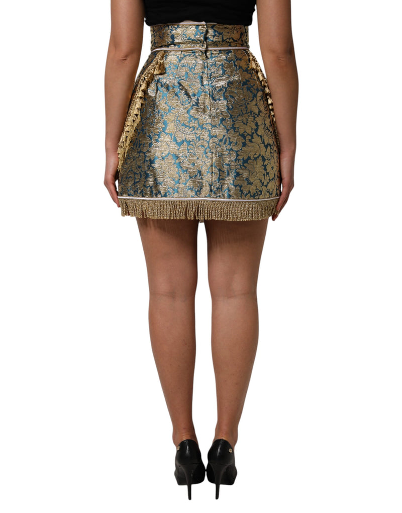 Dolce & Gabbana Jupe Mini Tissée Florale Bleue avec Franges