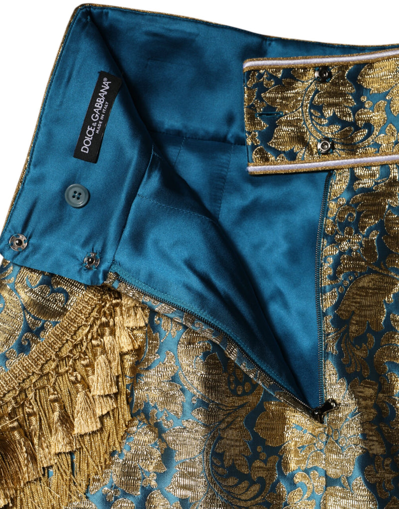 Dolce & Gabbana Jupe Mini Tissée Florale Bleue avec Franges