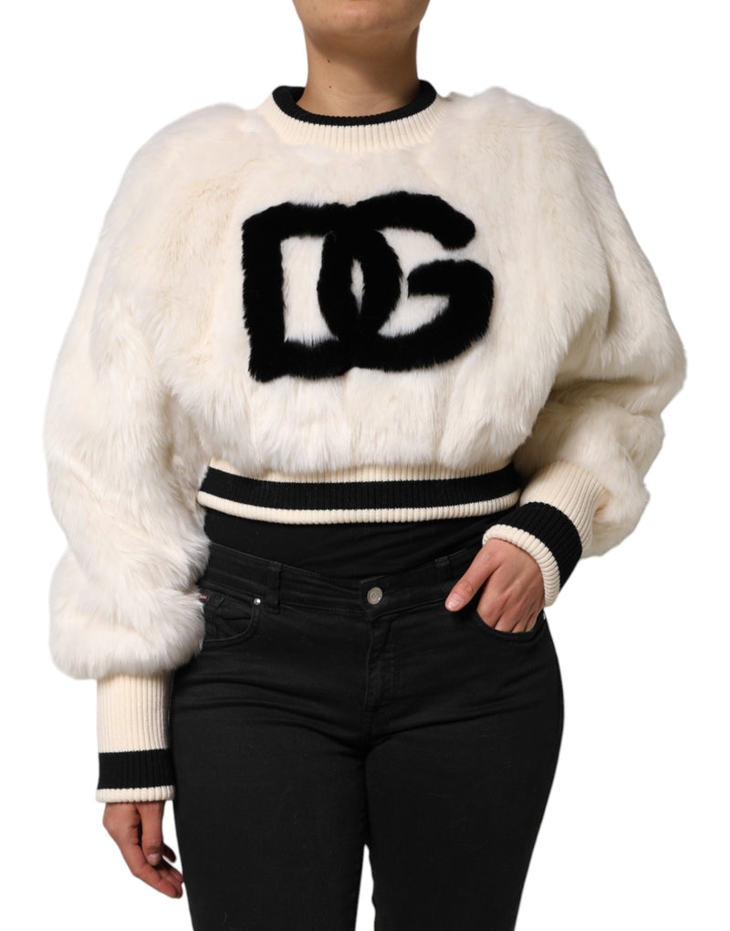 Dolce & Gabbana Sweatshirt DG en Fausse Fourrure Blanche Crop