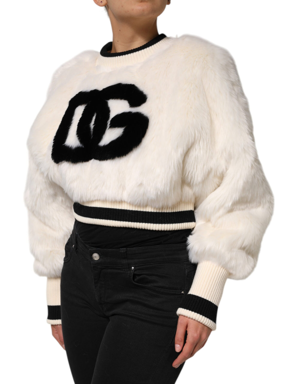 Dolce & Gabbana White Cropped Faux Fur DG Sweatshirt
