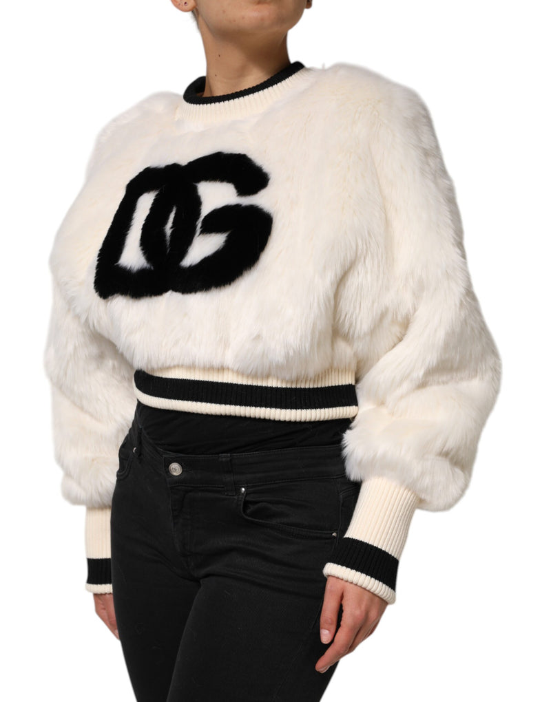 Dolce & Gabbana Sweatshirt DG en Fausse Fourrure Blanche Crop
