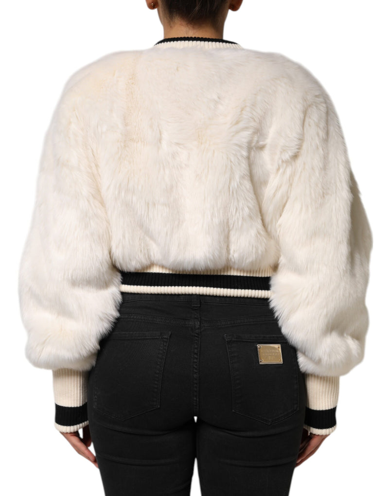 Dolce & Gabbana Sweatshirt DG en Fausse Fourrure Blanche Crop