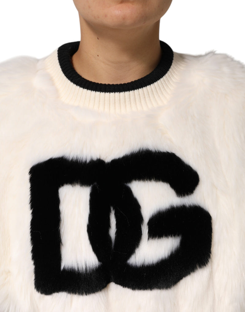 Dolce & Gabbana Sweatshirt DG en Fausse Fourrure Blanche Crop