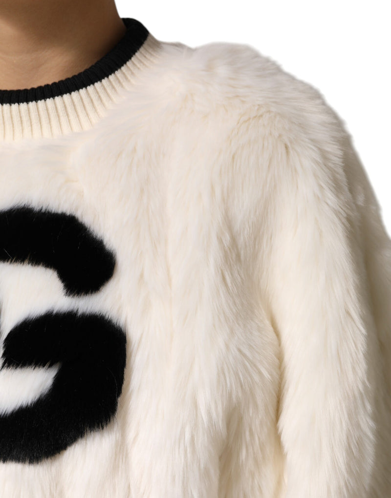 Dolce & Gabbana Sweatshirt DG en Fausse Fourrure Blanche Crop