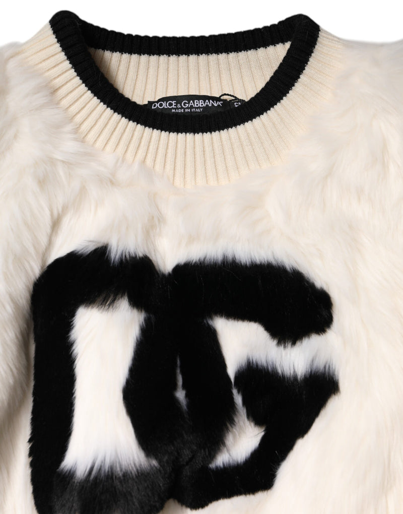 Dolce & Gabbana Sweatshirt DG en Fausse Fourrure Blanche Crop