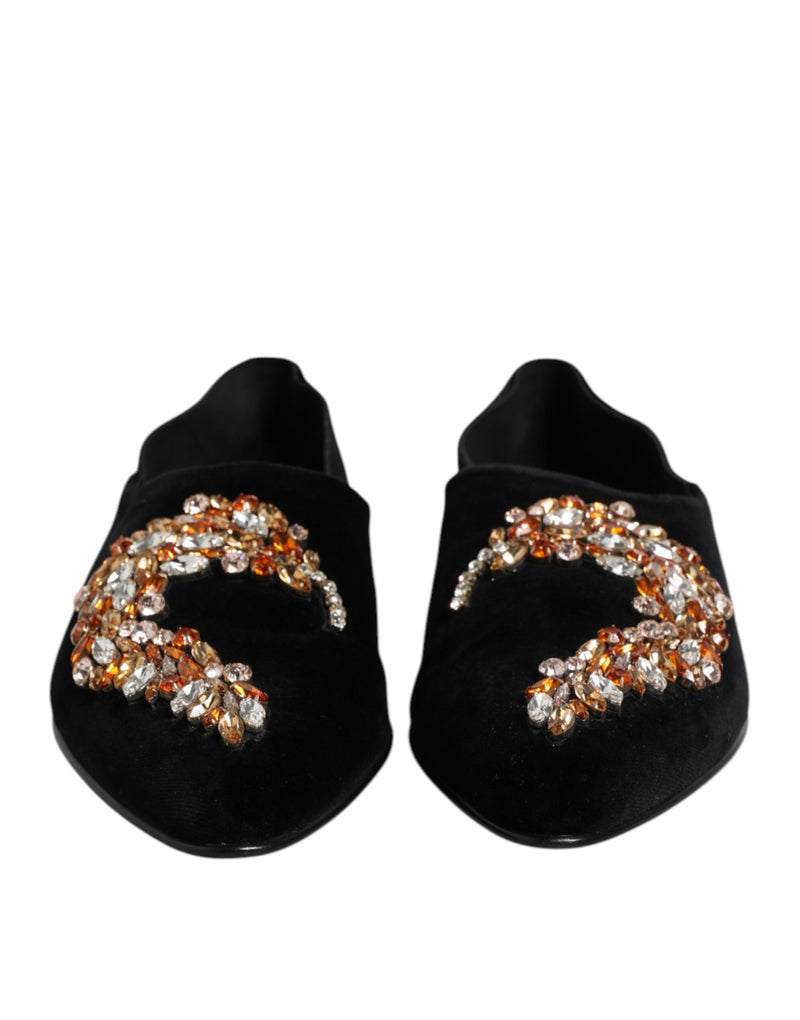 Dolce & Gabbana Black Velvet Embellished Loafer Slip-On Shoes