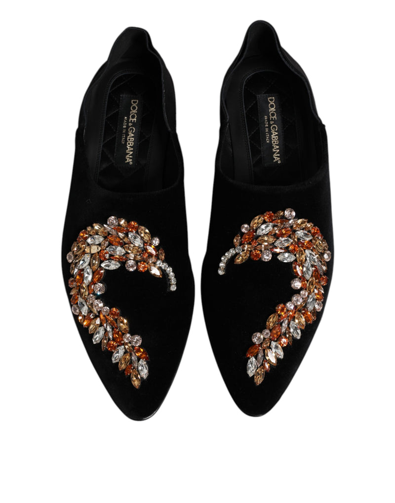 Dolce & Gabbana Black Velvet Embellished Loafer Slip-On Shoes