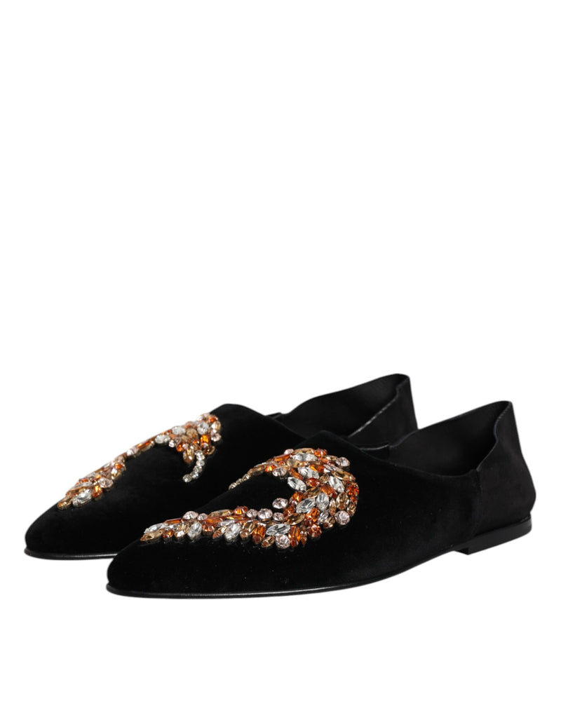 Dolce & Gabbana Black Velvet Embellished Loafer Slip-On Shoes