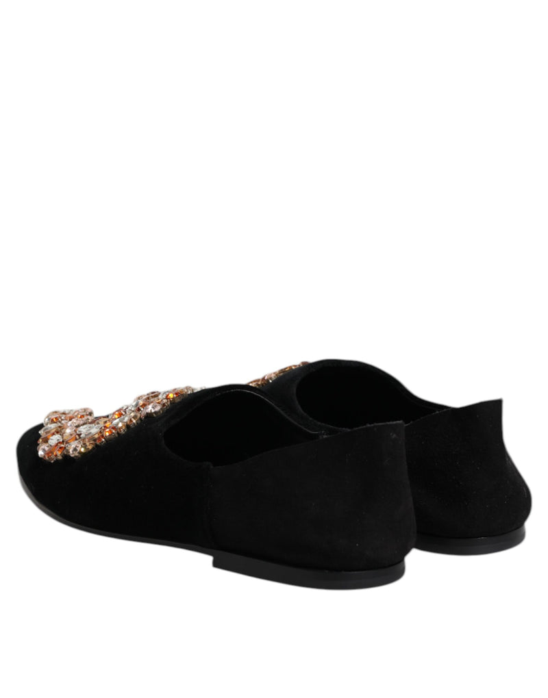 Dolce & Gabbana Black Velvet Embellished Loafer Slip-On Shoes