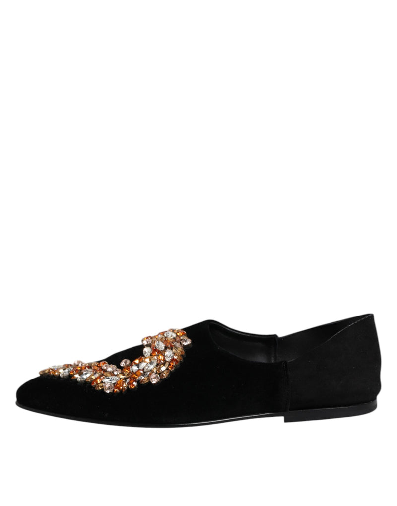 Dolce & Gabbana Black Velvet Embellished Loafer Slip-On Shoes