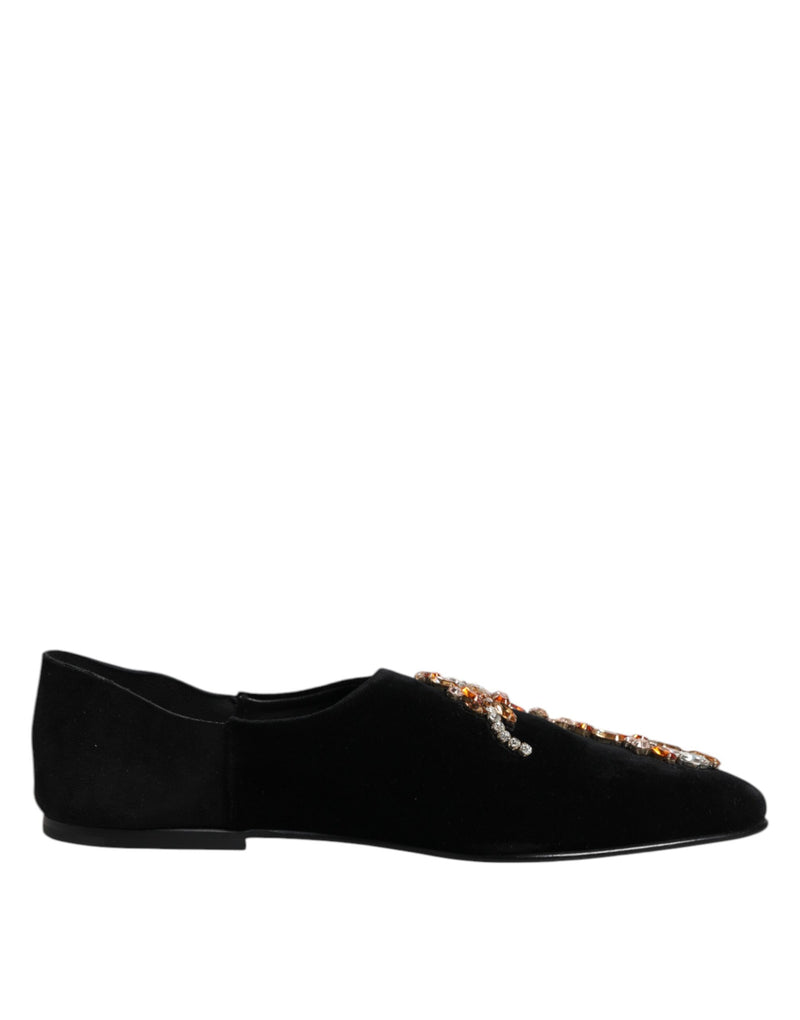 Dolce & Gabbana Black Velvet Embellished Loafer Slip-On Shoes