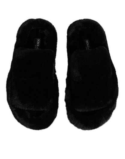 Dolce & Gabbana Black Polyester Velvet Slides Slipper Shoes