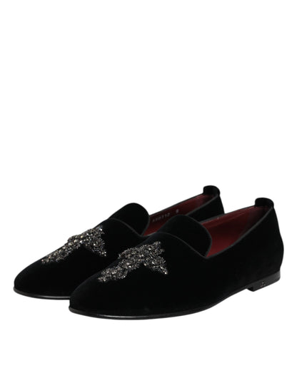 Dolce & Gabbana Black Velvet Embellished Loafer Slip On Shoes