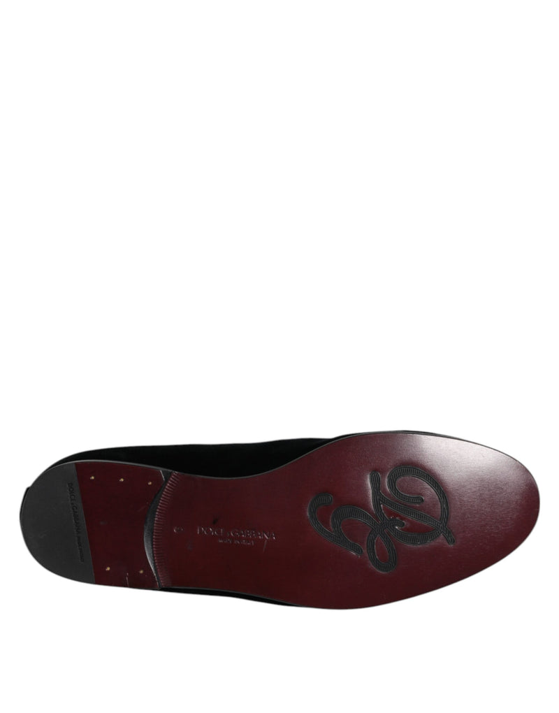 Dolce & Gabbana Black Velvet Embellished Loafer Slip On Shoes