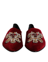 Dolce & Gabbana Black Red Velvet Embellished Slip-On Shoes