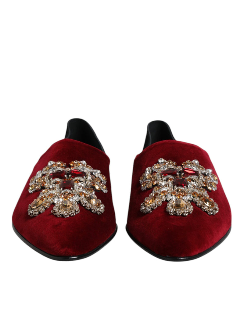 Dolce & Gabbana Black Red Velvet Embellished Slip-On Shoes