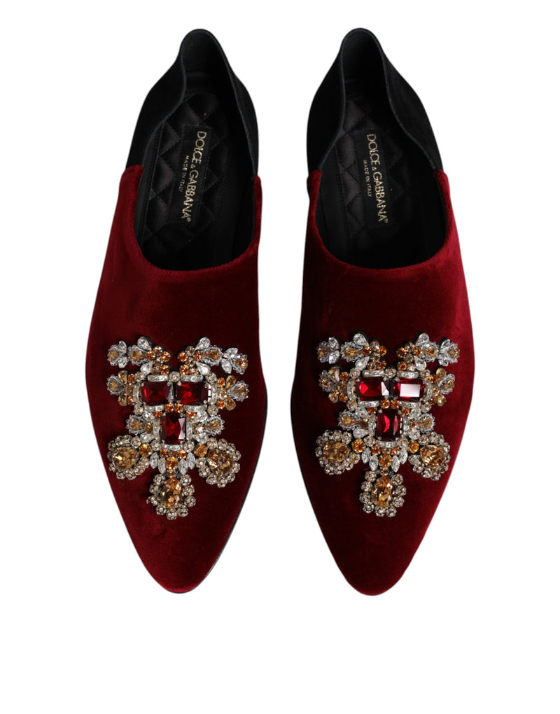 Dolce & Gabbana Black Red Velvet Embellished Slip-On Shoes