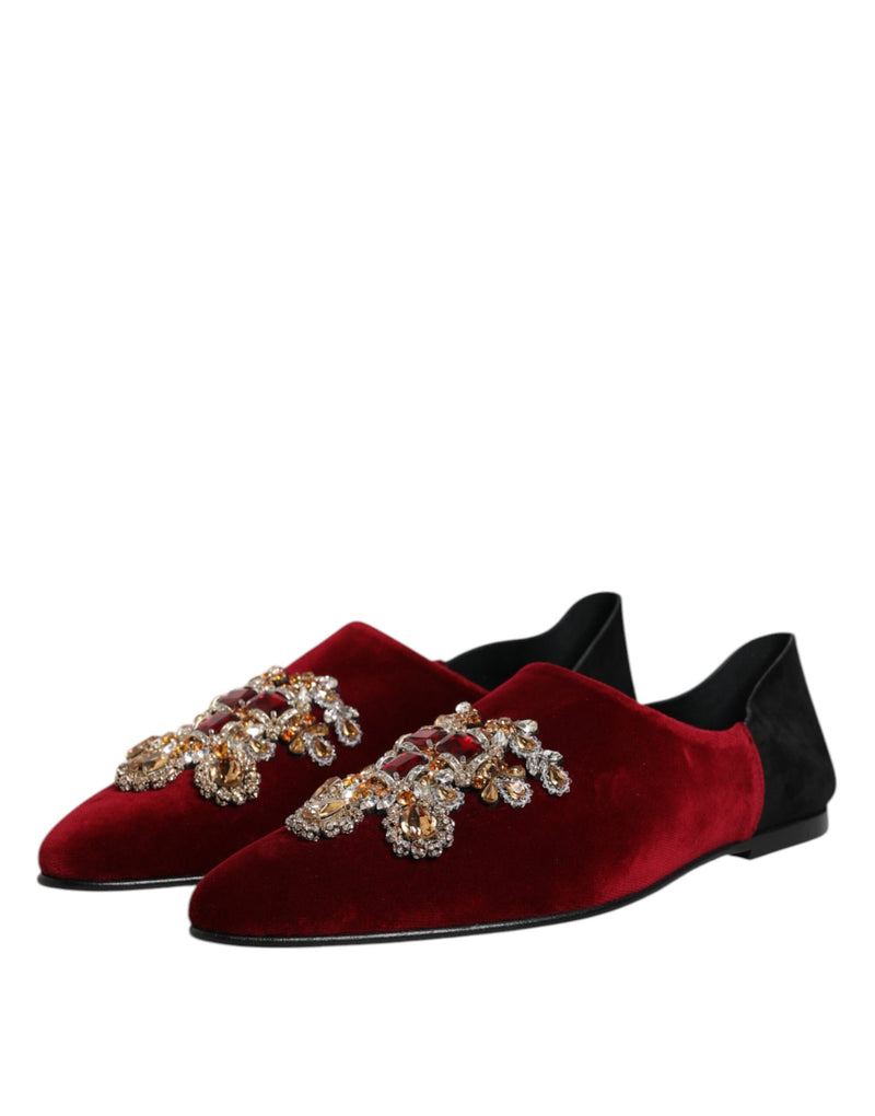 Dolce & Gabbana Black Red Velvet Embellished Slip-On Shoes