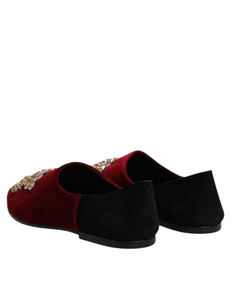 Dolce & Gabbana Black Red Velvet Embellished Slip-On Shoes