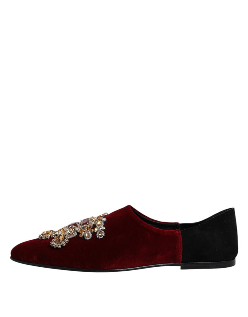 Dolce & Gabbana Black Red Velvet Embellished Slip-On Shoes