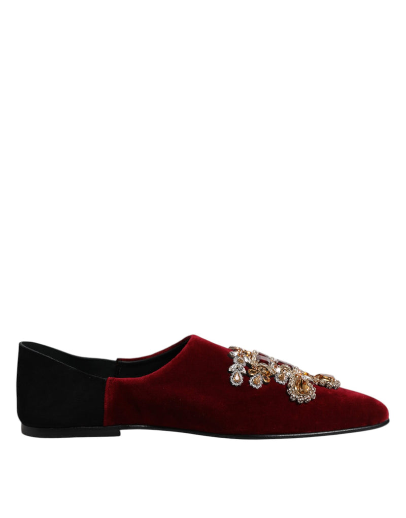 Dolce & Gabbana Black Red Velvet Embellished Slip-On Shoes