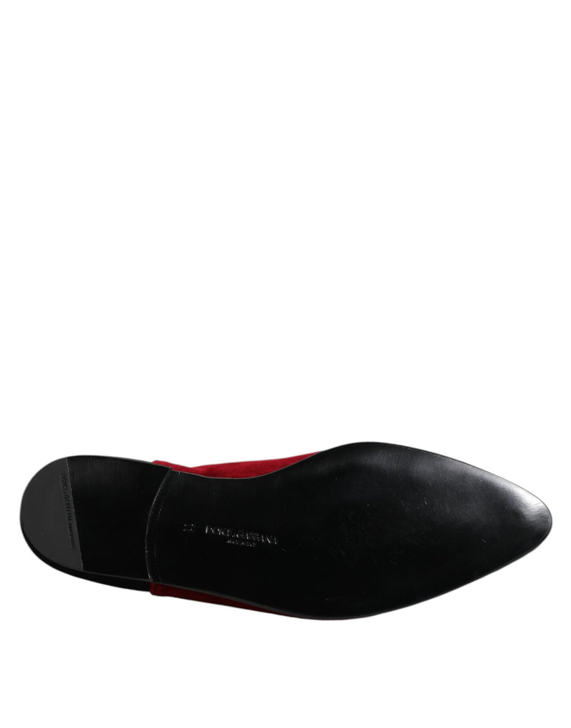 Dolce & Gabbana Black Red Velvet Embellished Slip-On Shoes