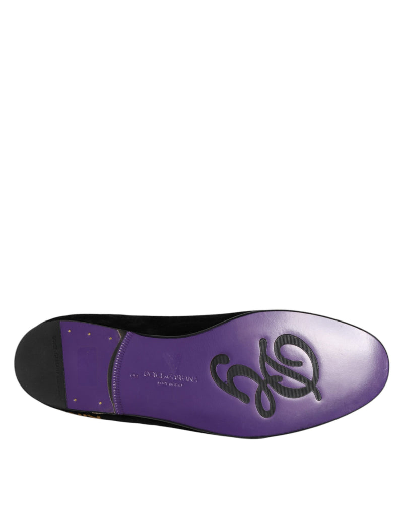 Dolce & Gabbana Black DG Crown Embroidery Loafers Slip On Shoes