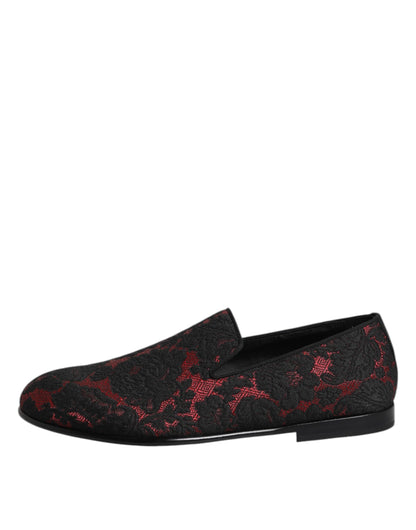 Dolce & Gabbana Red Black Jacquard Slip On Men Loafers Shoes