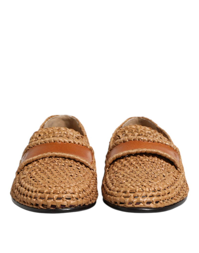 Dolce & Gabbana Brown Woven Raffia Slip-On Loafers