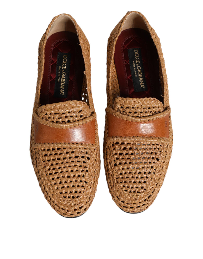 Dolce & Gabbana Brown Woven Raffia Slip-On Loafers