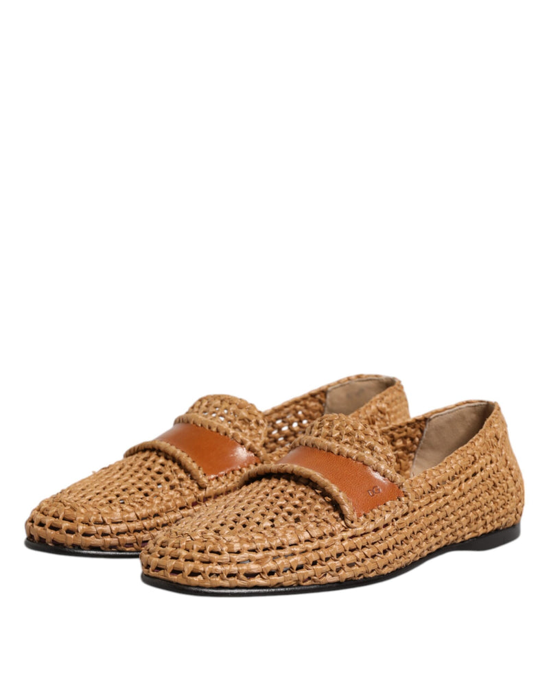Dolce & Gabbana Brown Woven Raffia Slip-On Loafers