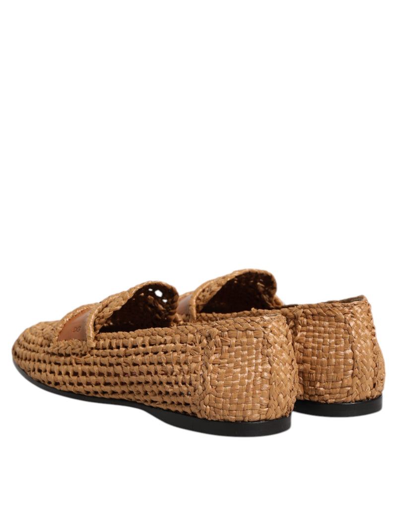 Dolce & Gabbana Brown Woven Raffia Slip-On Loafers
