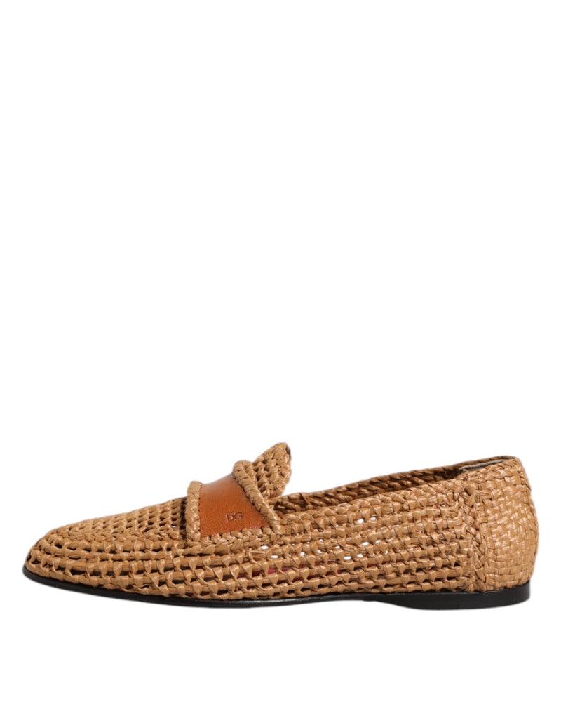 Dolce & Gabbana Brown Woven Raffia Slip-On Loafers