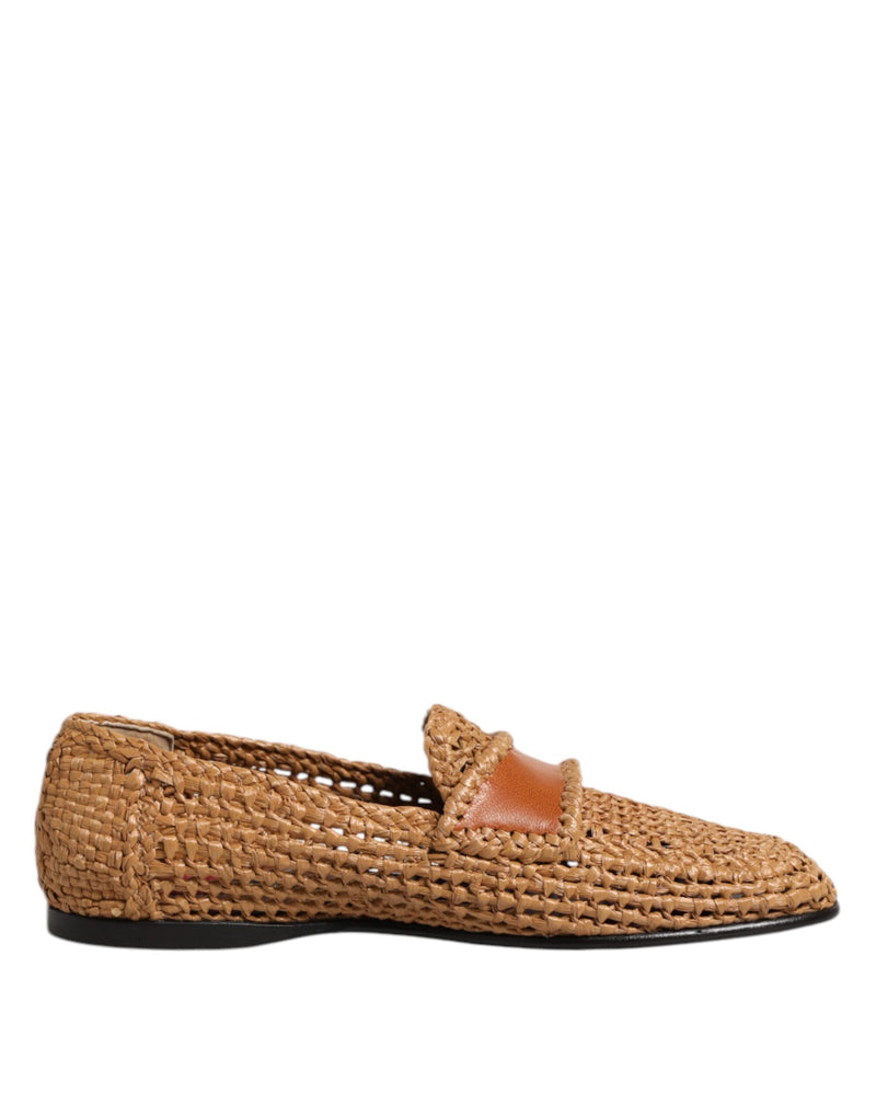 Dolce & Gabbana Brown Woven Raffia Slip-On Loafers