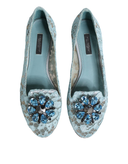 Dolce & Gabbana Blue Lace Crystal Ballet Flats Loafers Shoes