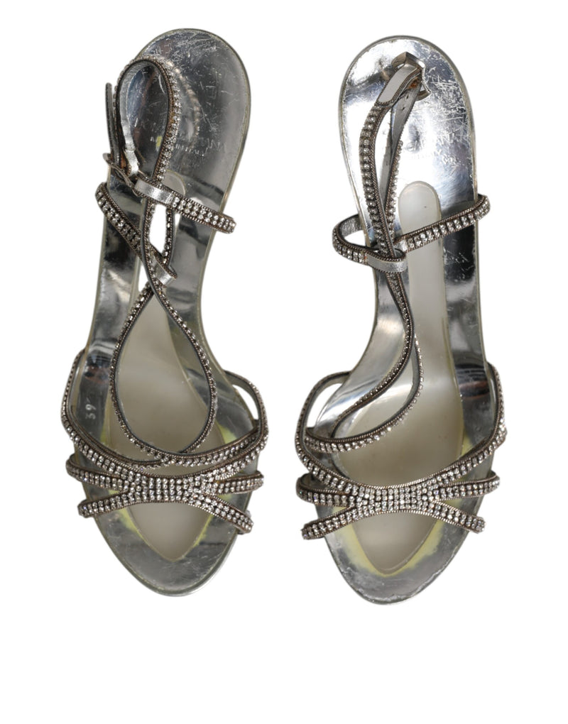 Dolce & Gabbana Silver Strass Ankle Strap Heels Sandals