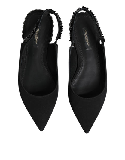 Dolce & Gabbana Black Crystal Charmeuse Slingback Shoes