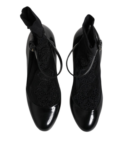 Dolce & Gabbana Black Leather Lace Socks Heels Pumps Shoes