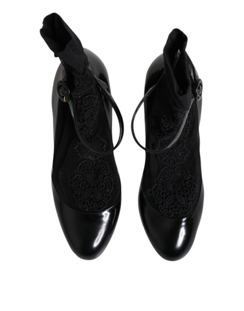 Dolce & Gabbana Black Leather Lace Socks Heels Pumps Shoes