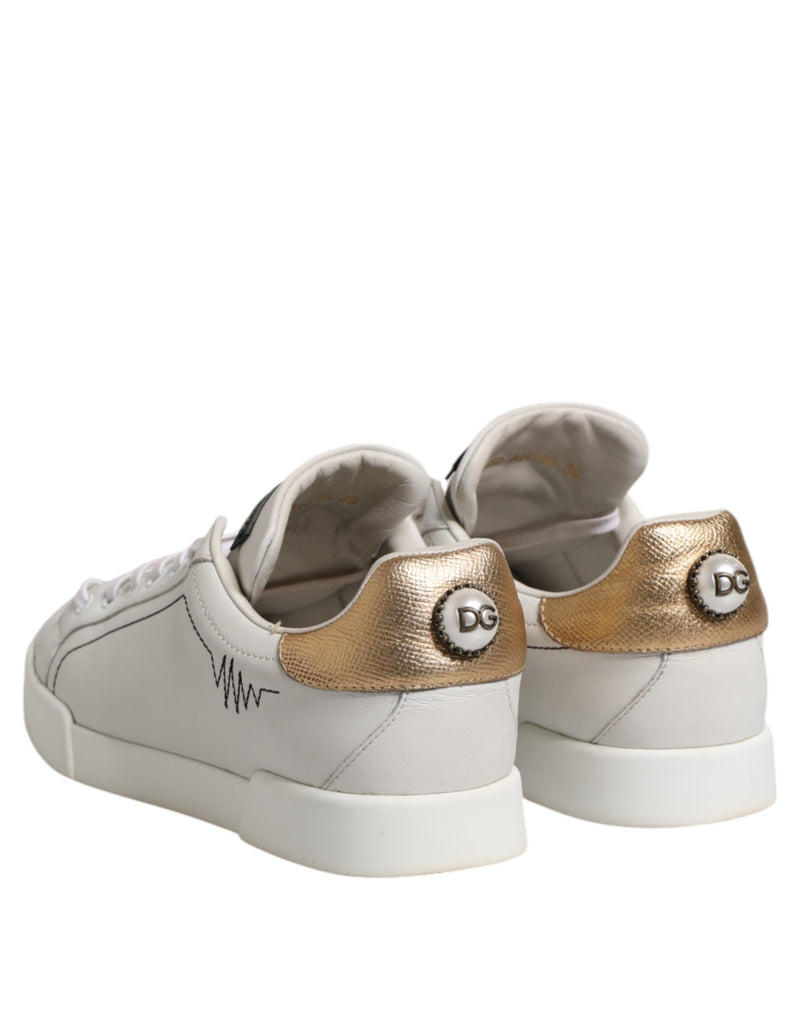 Dolce & Gabbana White Gold Leather Low Top Sneakers