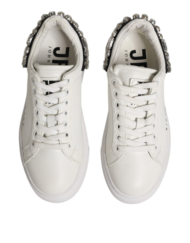 John Richmond White Rhinestone Embellished Low Top Sneakers