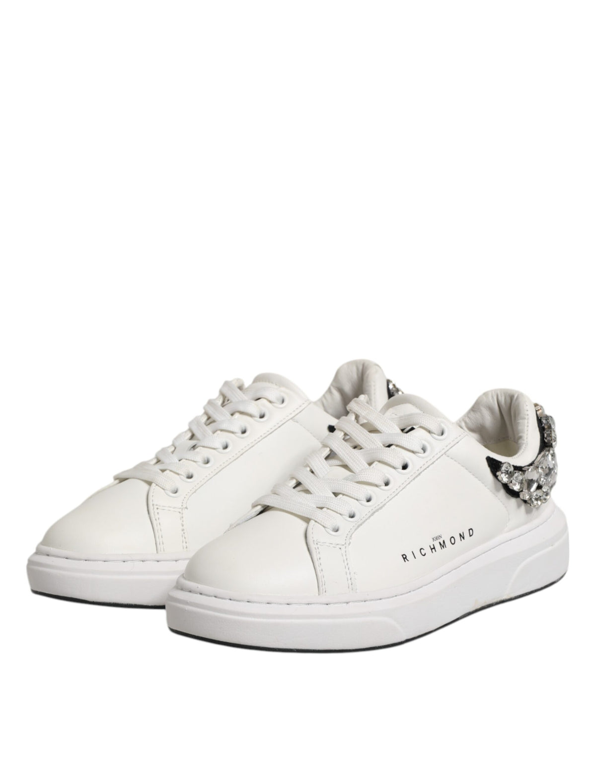 John Richmond White Rhinestone Embellished Low Top Sneakers