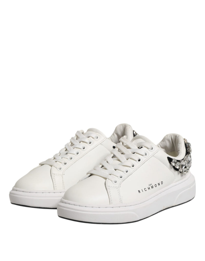 John Richmond White Rhinestone Embellished Low Top Sneakers