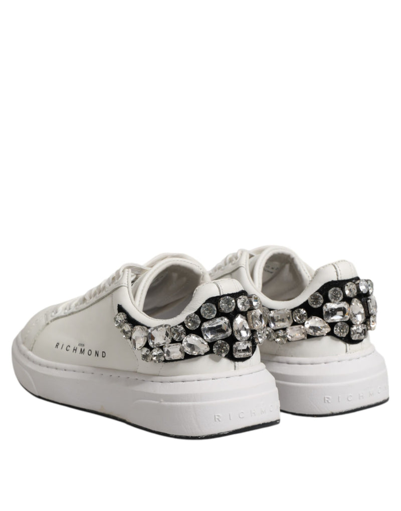 John Richmond White Rhinestone Embellished Low Top Sneakers