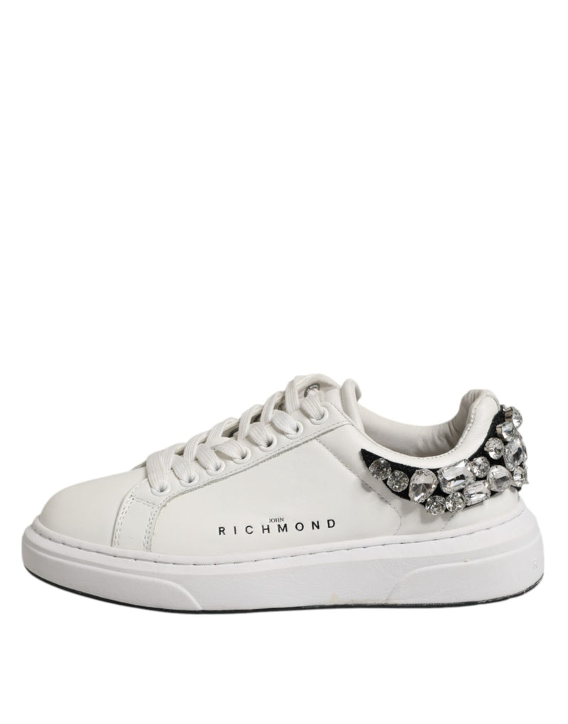 John Richmond White Rhinestone Embellished Low Top Sneakers
