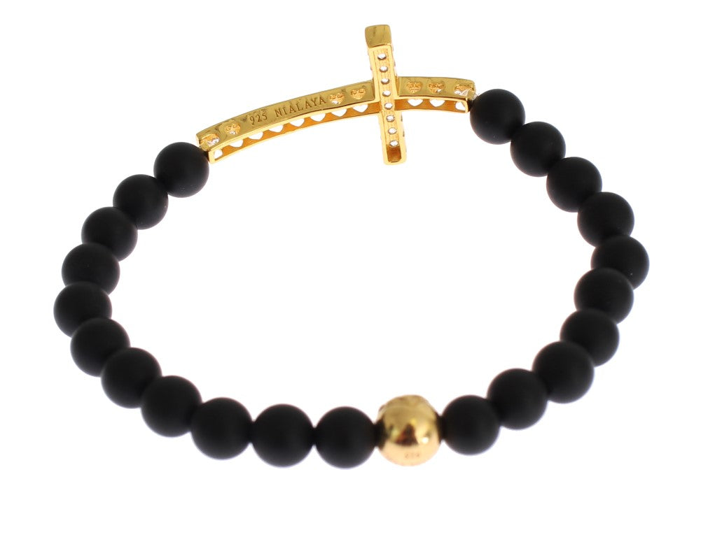 Bracelet Nialaya en argent 925 avec croix en or et onyx mat